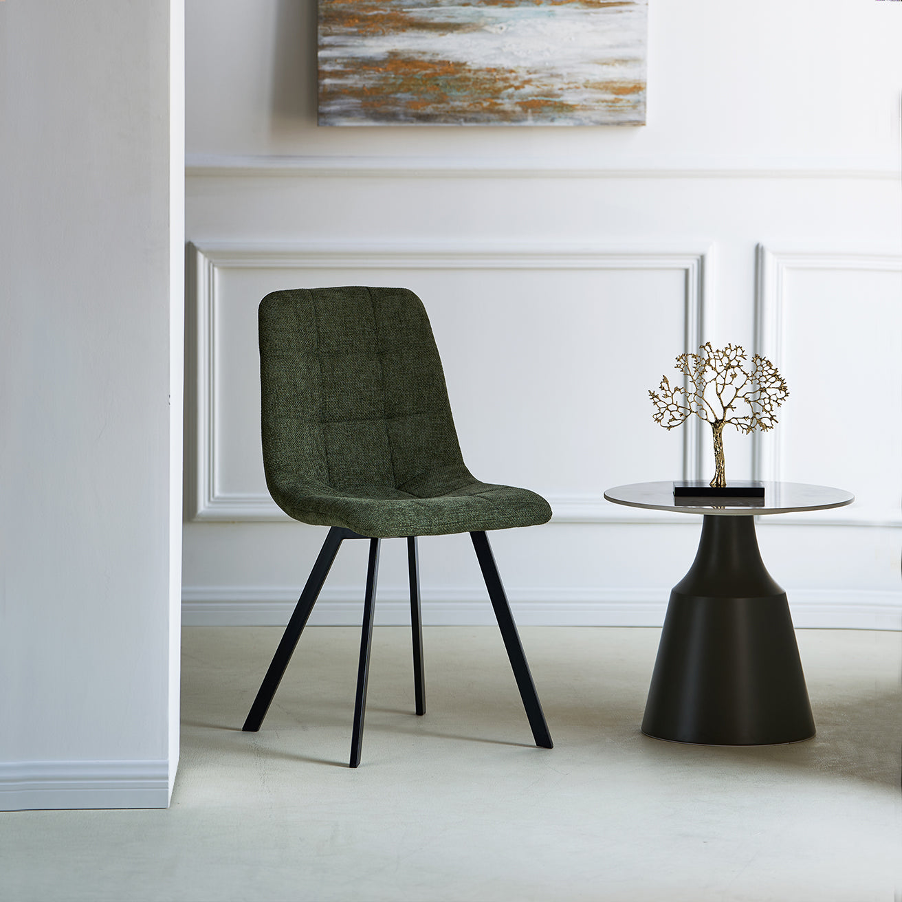 Pair of Aoife contemporary dining chairs in neutral fabric with slim black metal legs, perfect for modern kitchens and dining rooms
