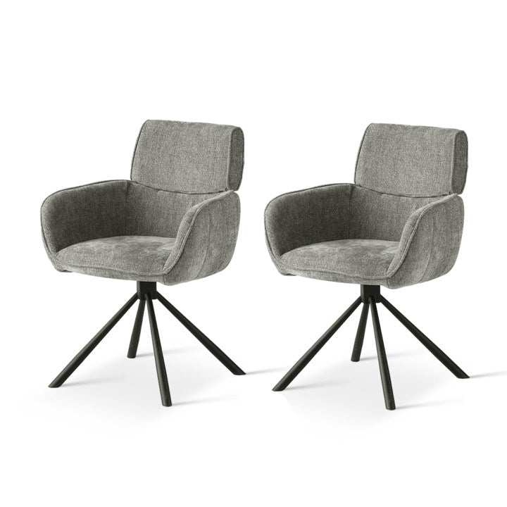 Elara HDC233029 Drehstuhl mit Armlehnen in grauem Chenille-Stoff – 360° drehbar mit metallener Standbasis für Esszimmer oder Küche