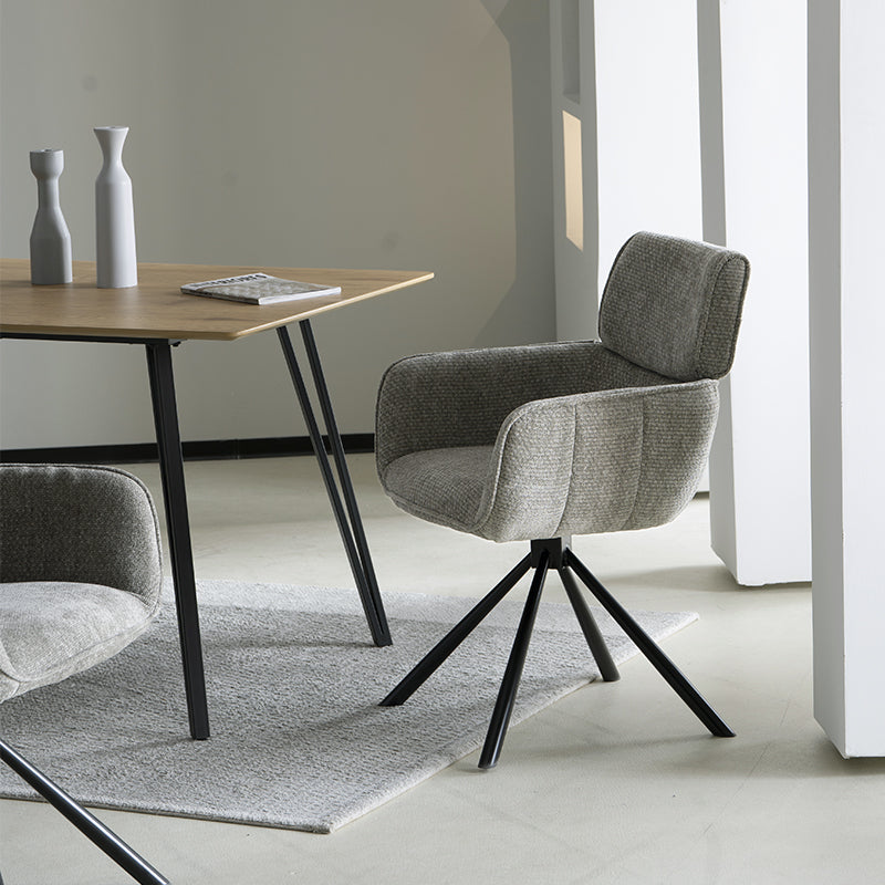 Elara HDC233029 Drehstuhl mit Armlehnen in grauem Chenille-Stoff – 360° drehbar mit metallener Standbasis für Esszimmer oder Küche