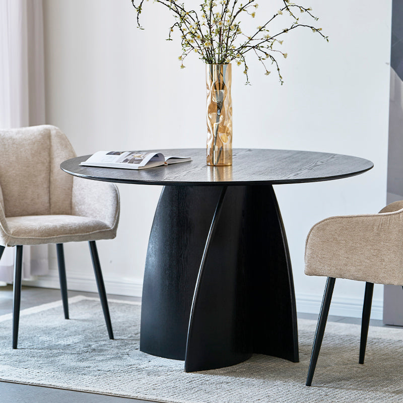 Moderner runder Esstisch Gemma UDT24012 in Schwarz mit Holzfurnier-Optik und stabiler Säulenbasis – perfekt für Esszimmer oder Küche.