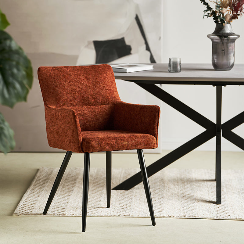 OFCASA Kaya Armlehnenstuhl in beigem Leinenstoff mit Metallbeinen – eleganter Designerstuhl für Esszimmer und Küche