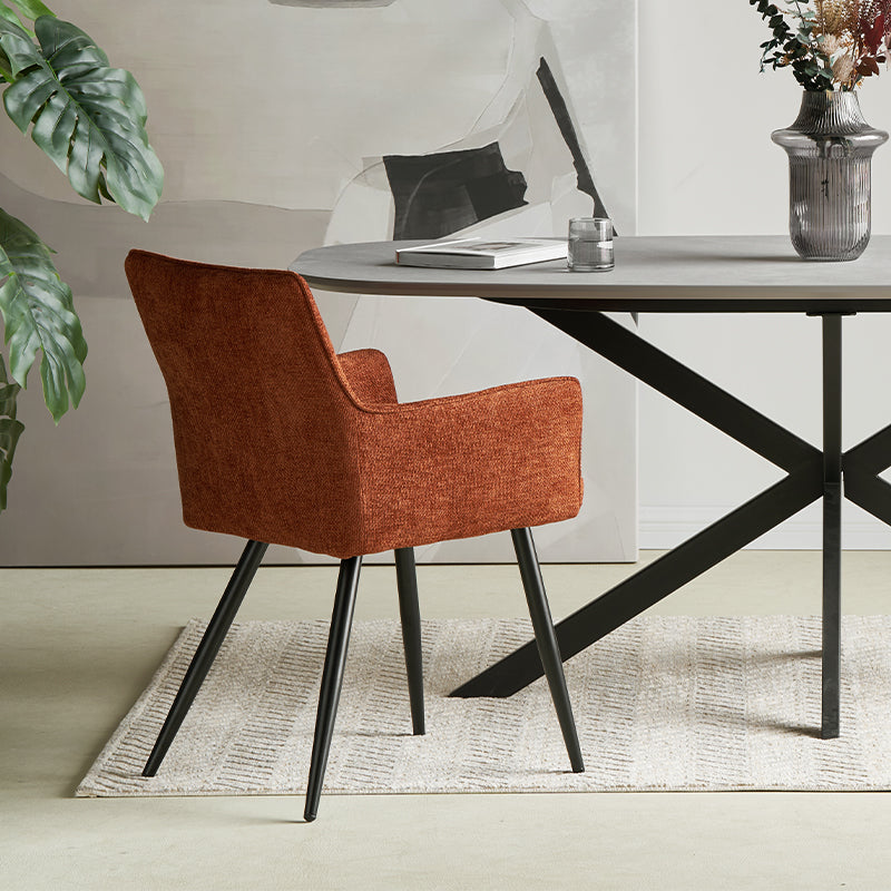 OFCASA Kaya Armlehnenstuhl in beigem Leinenstoff mit Metallbeinen – eleganter Designerstuhl für Esszimmer und Küche