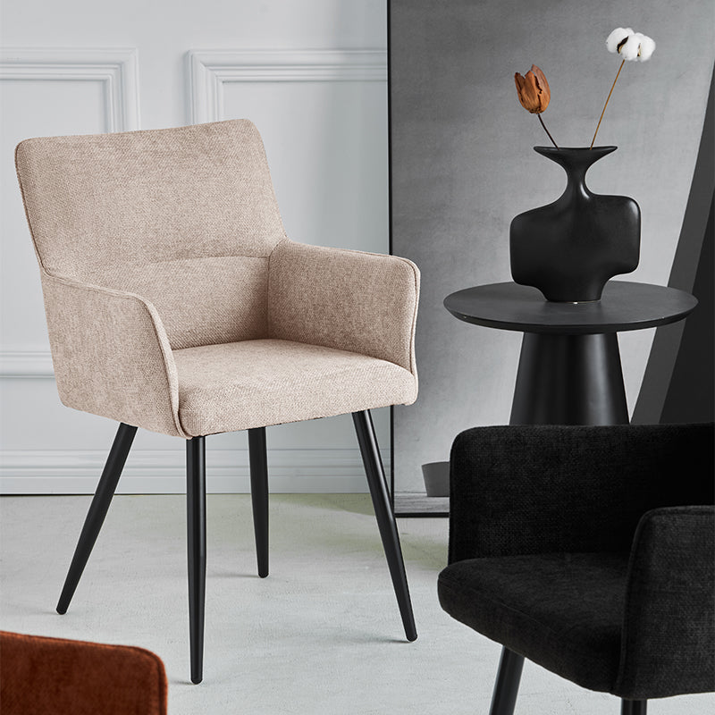 OFCASA Kaya Armlehnenstuhl in beigem Leinenstoff mit Metallbeinen – eleganter Designerstuhl für Esszimmer und Küche