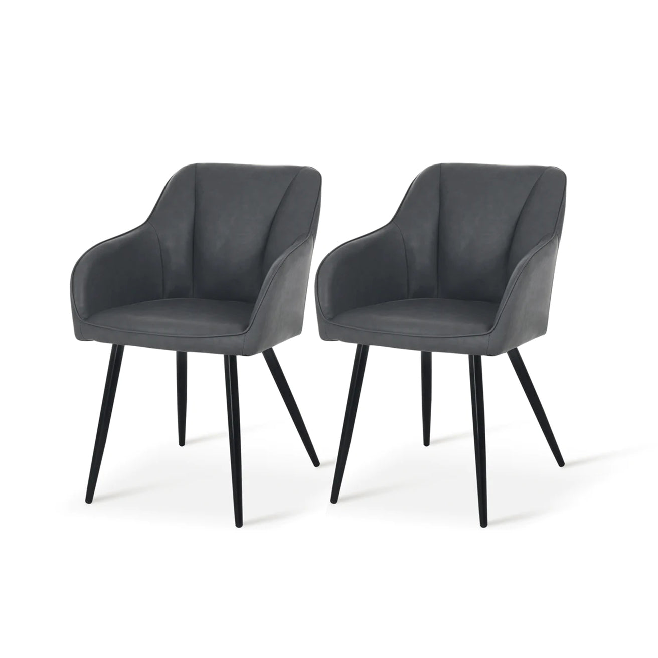 Set aus 4 grauen Sienna Esszimmerstühlen mit weicher Sitzpolsterung und schwarzen Metallbeinen um einen Eichentisch,Nahaufnahme eines Sienna Esszimmerstuhls in Grau mit ergonomischer Rückenlehne und stoffbezogener Sitzfläche