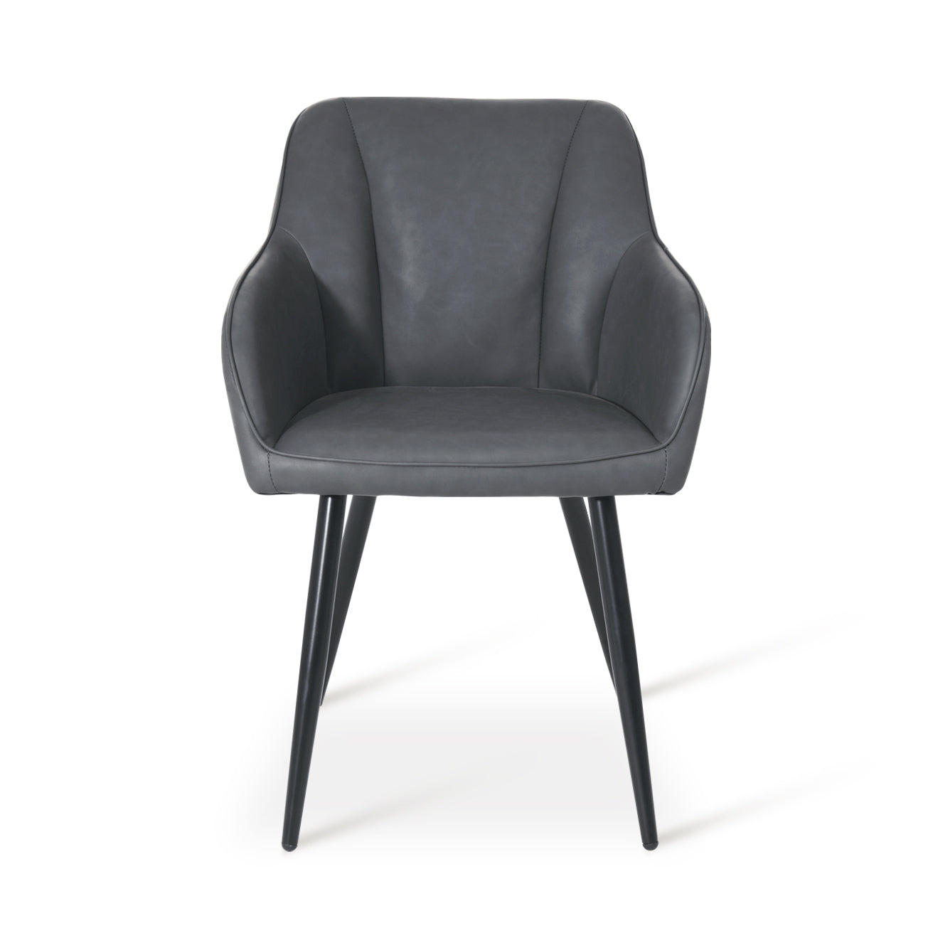Set aus 4 grauen Sienna Esszimmerstühlen mit weicher Sitzpolsterung und schwarzen Metallbeinen um einen Eichentisch,Nahaufnahme eines Sienna Esszimmerstuhls in Grau mit ergonomischer Rückenlehne und stoffbezogener Sitzfläche