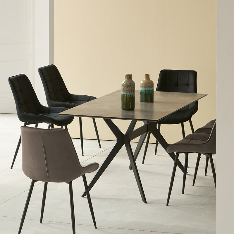OFCASA Laila Esstisch in dunkelgrauem Marmor-Design mit pulverbeschichteten X-Beine – perfekt für 6 Personen in modernem Esszimmer