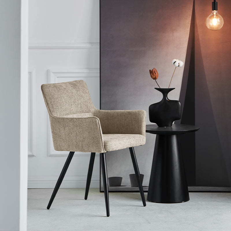 OFCASA Kaya Armlehnenstuhl in beigem Leinenstoff mit Metallbeinen – eleganter Designerstuhl für Esszimmer und Küche