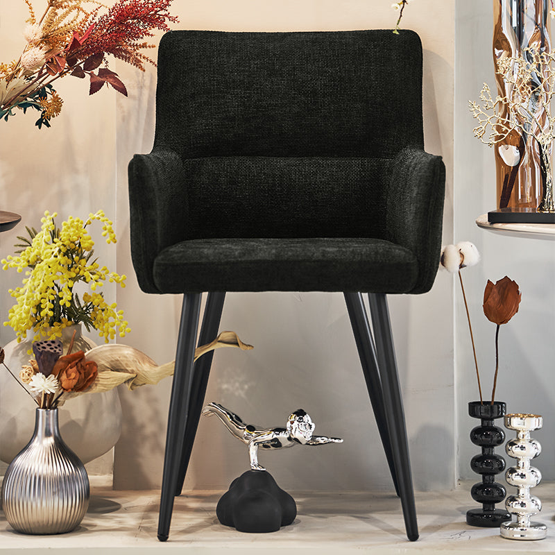 OFCASA Kaya Armlehnenstuhl in beigem Leinenstoff mit Metallbeinen – eleganter Designerstuhl für Esszimmer und Küche
